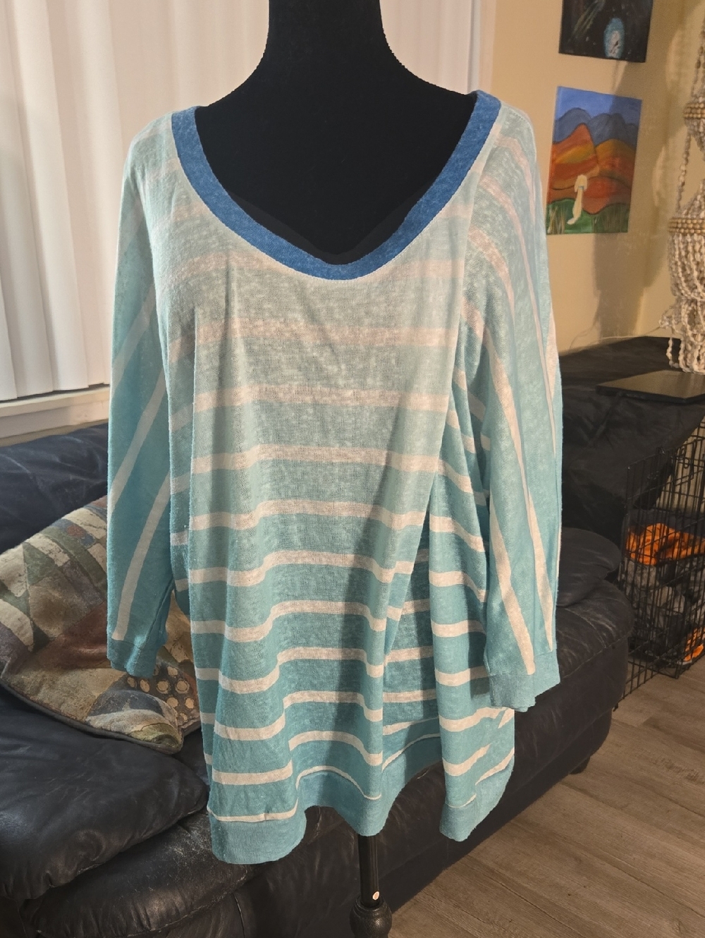 Lane Bryant Aqua & White Striped Scoop Neck Sweater with Blue Trim